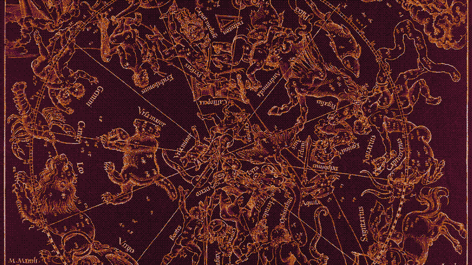Dithered engraving of a star chart with constellation figures
