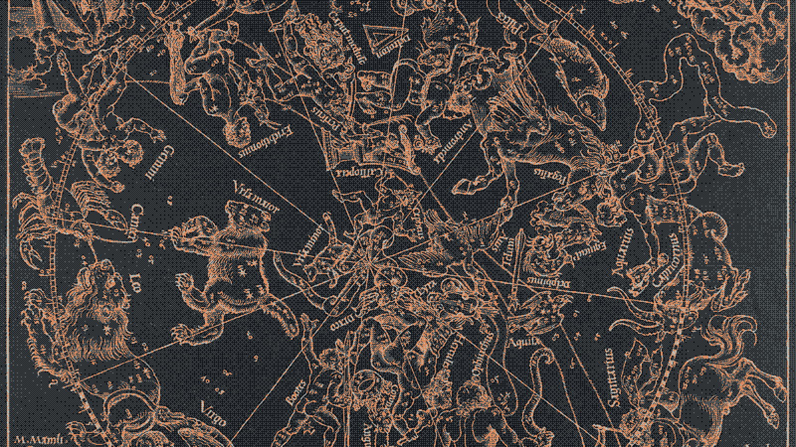 Dithered engraving of a star chart with constellation figures