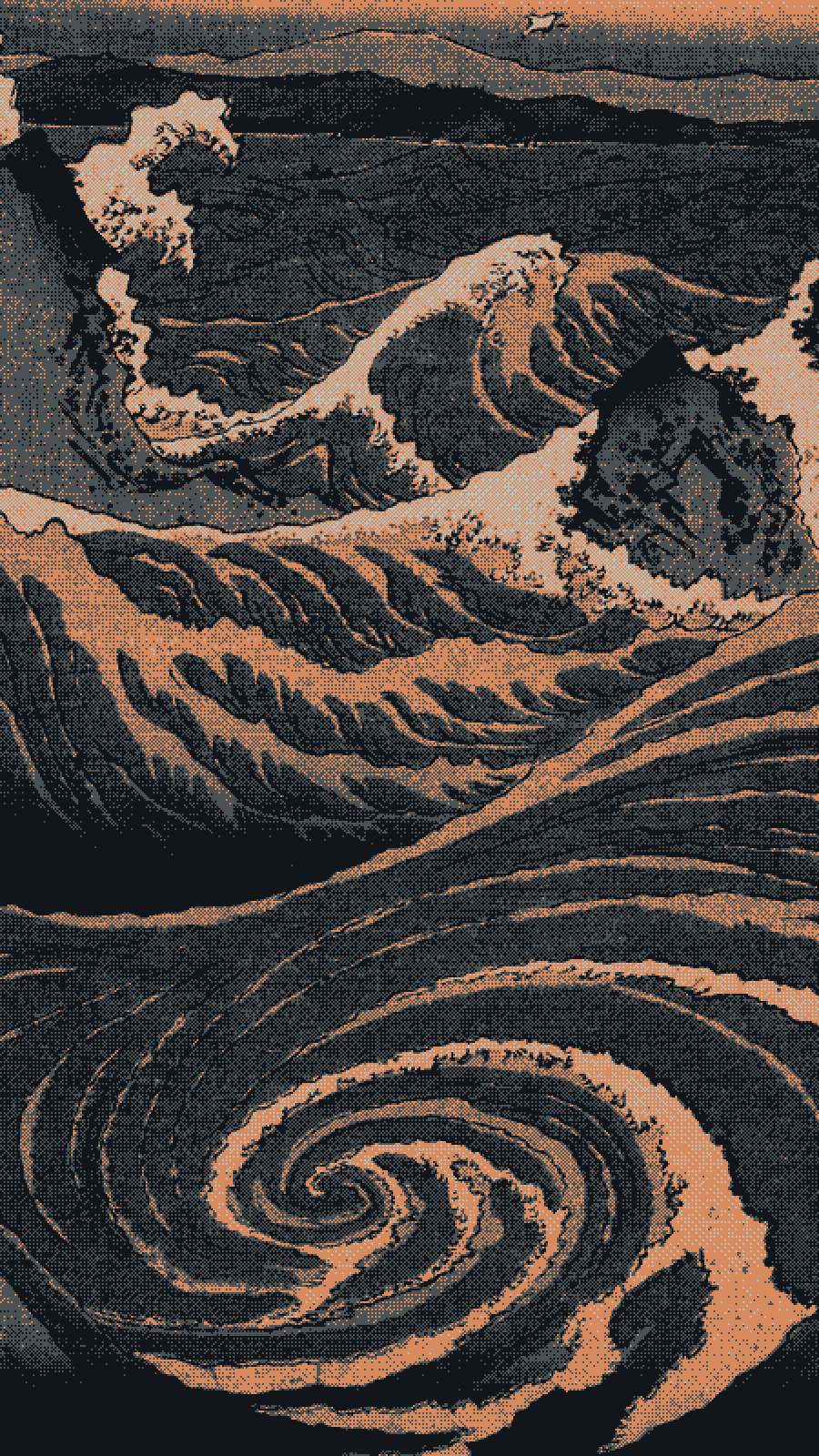 Dithered woodblock print of a whirlpool and breaking waves