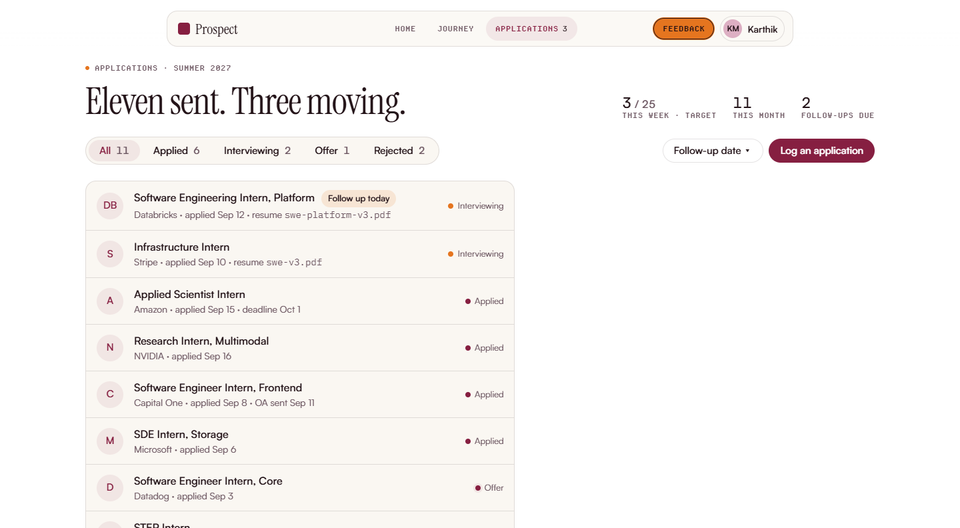 Prospect applications screen