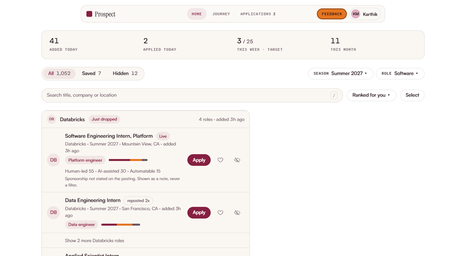 Prospect feed screen